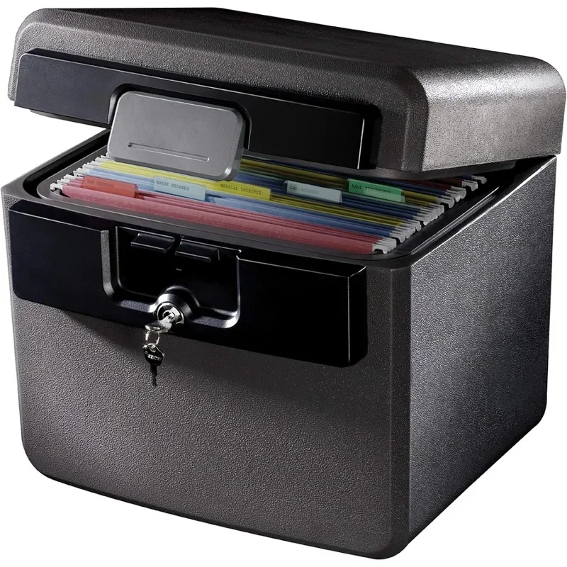 

Black Fireproof and Waterproof Safe, File Folder and Document Box with Key Lock, Ex. 14.3 x 15.5 x 13.5 inches, HD4100