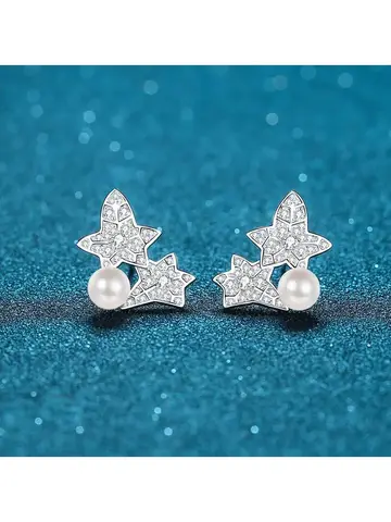 S925 Sterling Silver Flawless Freshwater Beads 7mm Pearl Blossom Moissanite Earrings for Women