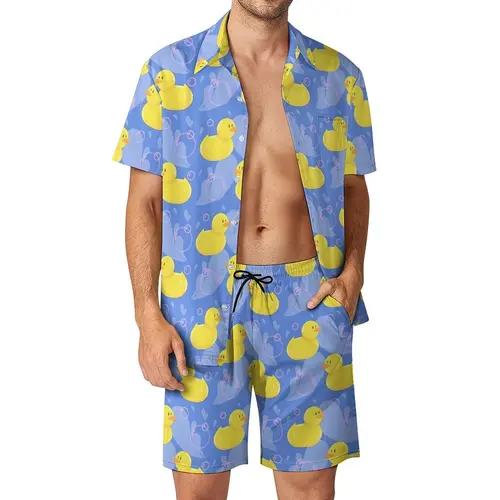 Imagen 2 del producto Conjuntos de camisa con estampado 3D de pato de goma amarillo para hombre, camisa de manga corta, pantalones cortos de playa de gran tamaño, ropa de calle, trajes hawaianos, verano