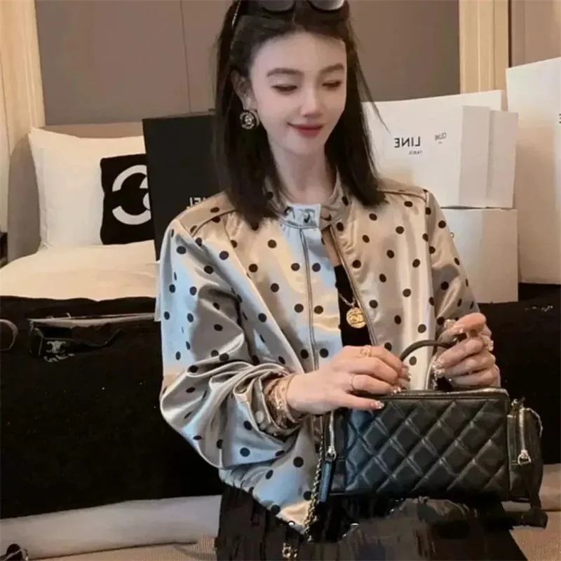 

Женская весенне-осенняя куртка из струящегося атласа в горошек на молнии, новинка 2026 года, универсальная свободная куртка с длинными рукавами