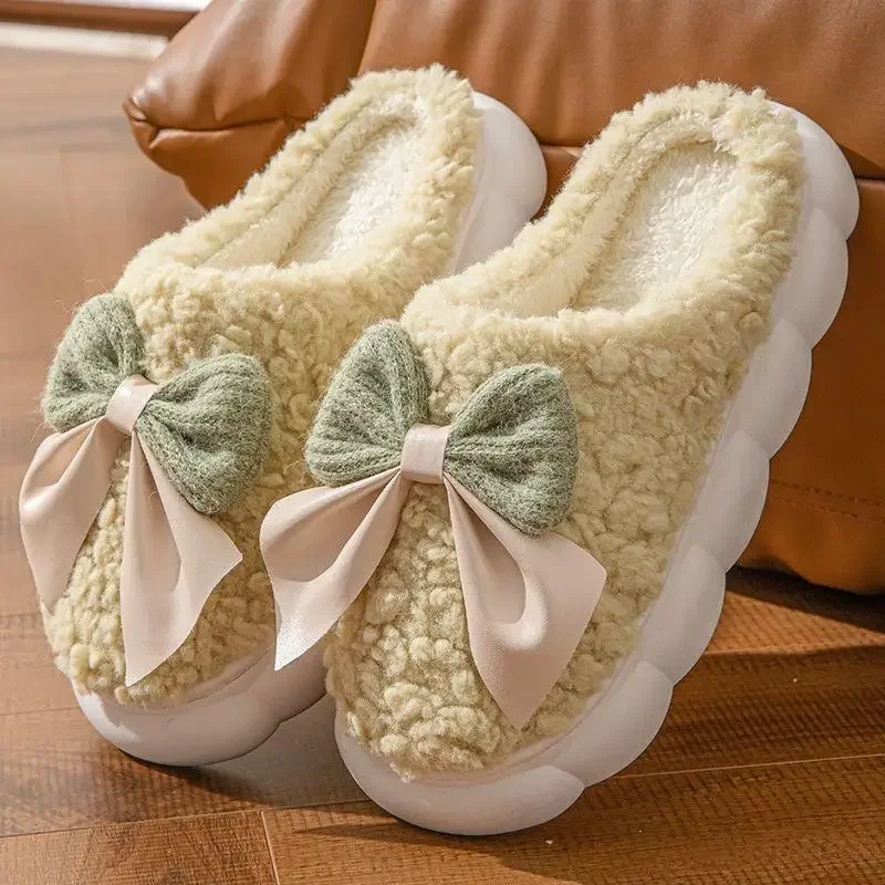 Rosa Schleifen-Plüsch-Hausschuhe für Damen Winter 2026 Neue Dicke Plattform Weiche Sohle Warme Plüschige Indoor-Schuhe – Detail 8