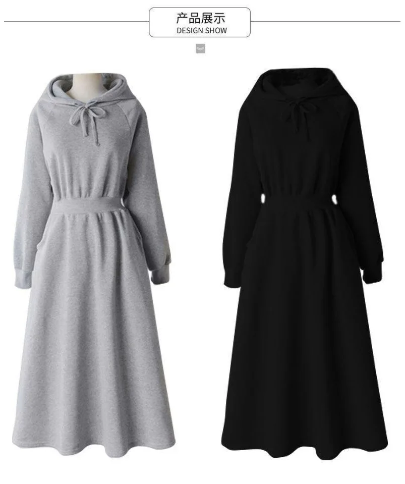 Koreanischer Stil, Herbst-Winter-Kapuzen-Sweatshirt-Kleid, Übergröße, tailliert, einfarbig, langes Kleid für Studentinnen und Frauen, lässig – Detail 5
