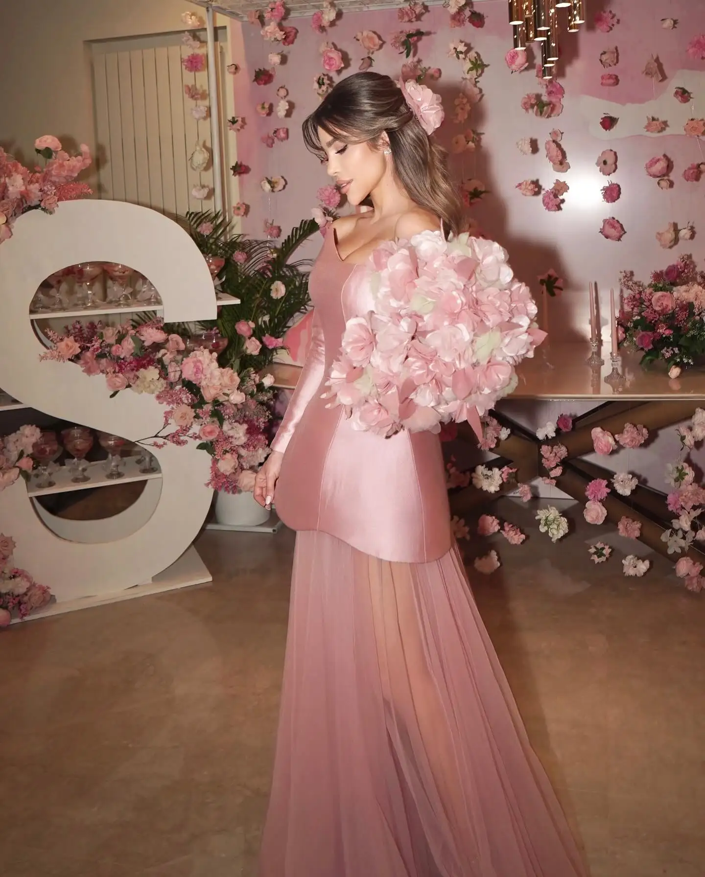 Pretty Bloom Pink Long Evening Dresses A-line See Thru Women Maxi Gowns To Birthday Party 3D Flower Bridal Gowns