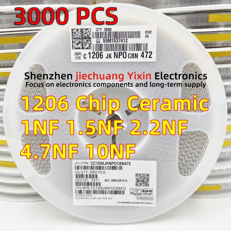 

3000pcs Chip Ceramic Capacitor 1206 1NF 1.5NF 2.2NF 4.7NF 10NF 1000V 1KV 5% accuracy NPO/COG material 3216 Capacitance