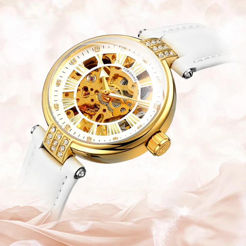 Luxury Brands FORSINING 3D Diamonds Elegant Woman Watch Skeleton Mechanical Automatic Movement Women's Wristwatch Fashion Ladies