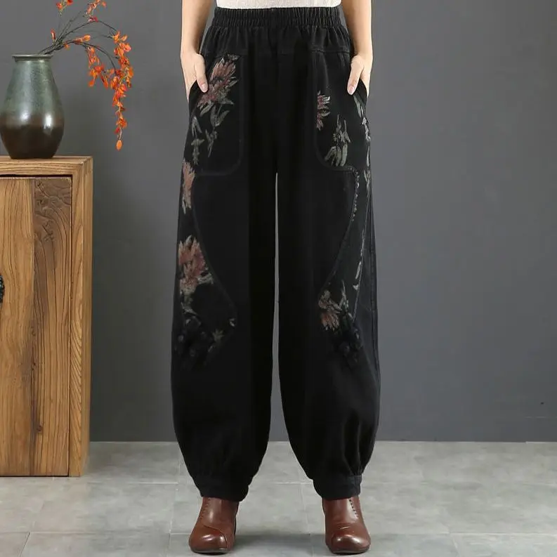 2023 Autumn Winter Fashion Women Pants Embroidery Elastic Waist National Style Wide Leg Pants Loose High Waist Slim Harem Pants