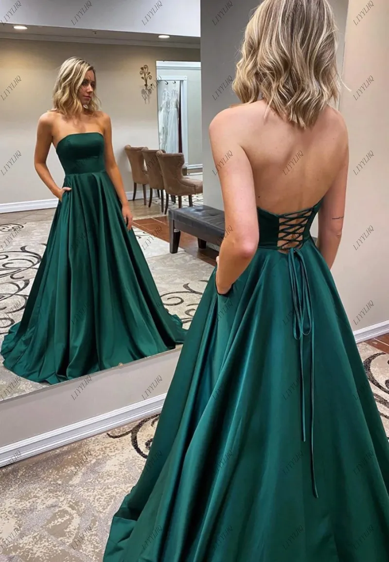 

LIYYLHQ Simple Long Satin Green Prom Dresses with Pockets Strapless Maxi Dress Corset Back Formal Evening Homecoming Party Gowns