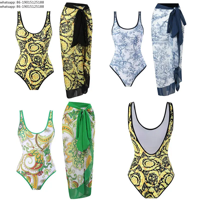 

[Retro Printed Vacation Swimsuit Women] Fashion Trend onesie, sunscreen gauze skirt, European and American suits
