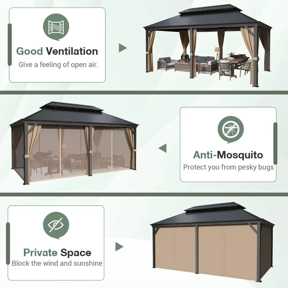 12'x20'  Hardtop Metal Gazebo, Outdoor Galvanized Steel Double Roof  Canopy, Aluminum Frame Permanent  Pavilion with  Netting