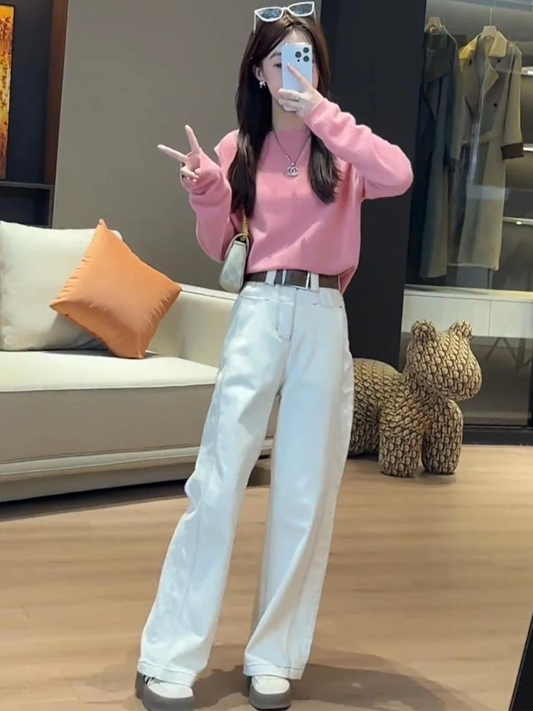 

Новинка осени 2024: Универсальный вязаный топ с открытыми плечами и круглым вырезом, джинсы прямого кроя с эффектом удлинения ног для женщин