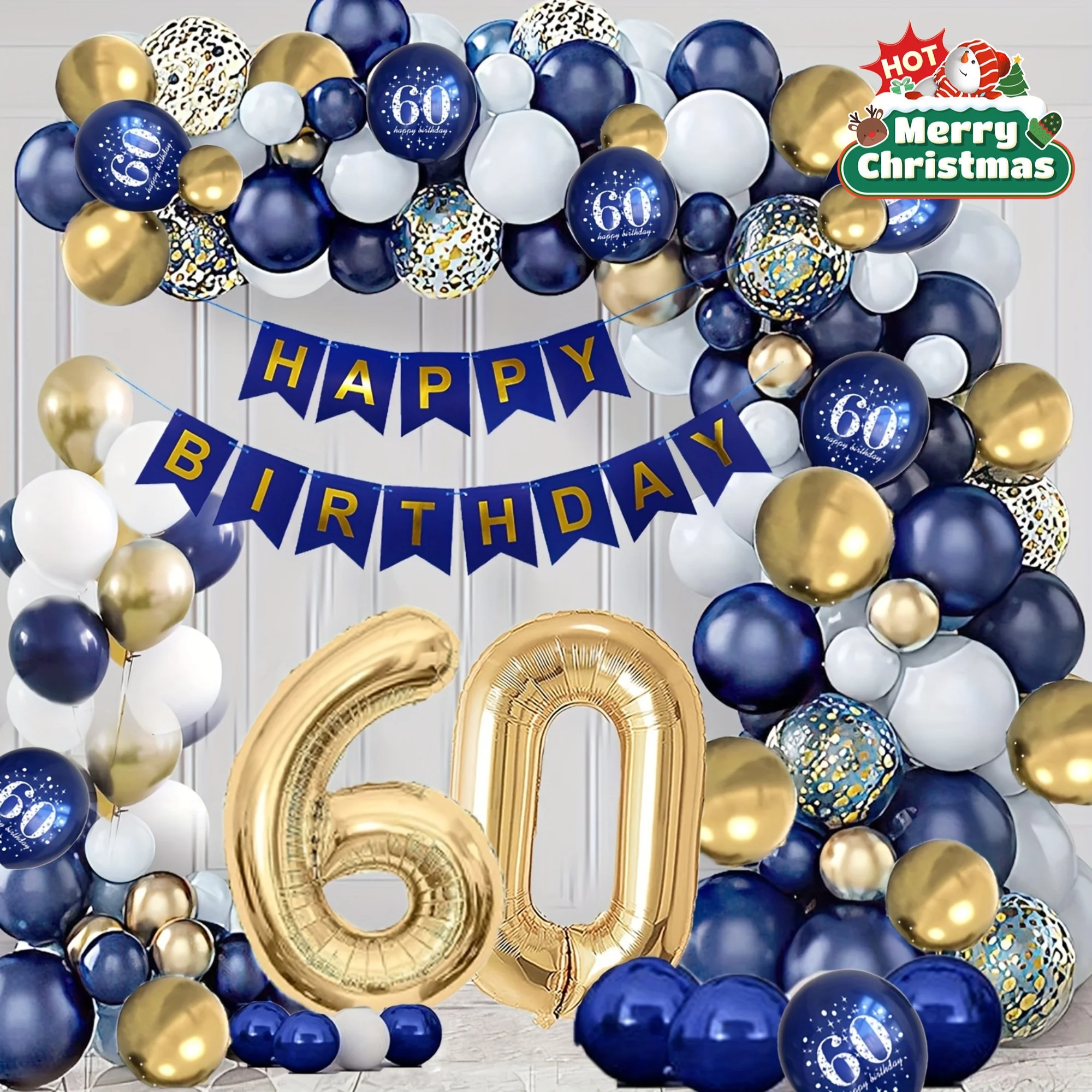 Image of 75-teiliges 60. Geburtstags-Dekorationsset für Männer Marineblau Gold Pailletten-Textur Latex-Ballons Geburtstagsparty-Deko Feiertagsfeiern