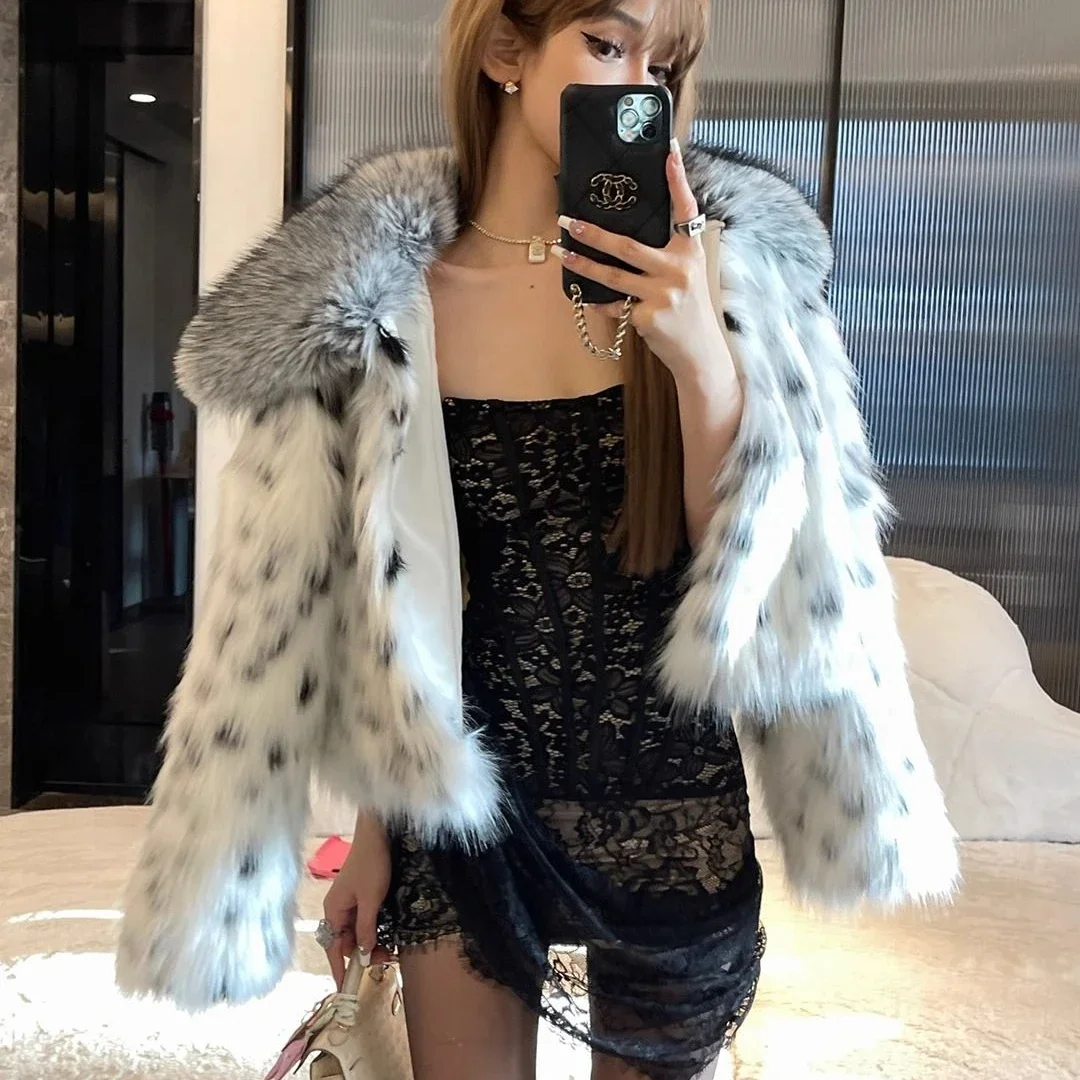 Winter Leopard Printed Faux Mink Fur Coat Square Collar Speckled Imitation Fox Fur Jacket Thick Warm Furry Parka Cardigan Tops