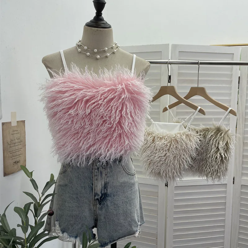 ISAROSE Women Sexy Fluffy Camisole Adjustable Spaghetti Straps Patchwork Solid Color Artificial Fur Party Night Club Crop Tops