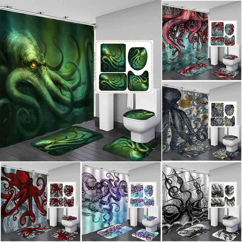 

Ocean Monster Octopus Print Shower Curtain Set Waterproof Bathroom with Rugs Toilet Cover Mat for Decor