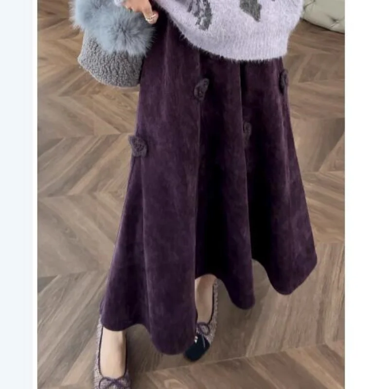 Autumn And Winter Deep Purple Corduroy Three-Dimensional Flower Plate Flower A-Line Fashionable Half Skirt For Women