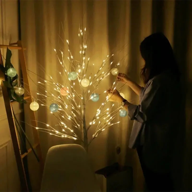 Lampe en bouleau blanc pour décoration de Noël, lumière de chambre à coucher, éclairage de sapin de Noël créatif, 2024 LED, 60cm