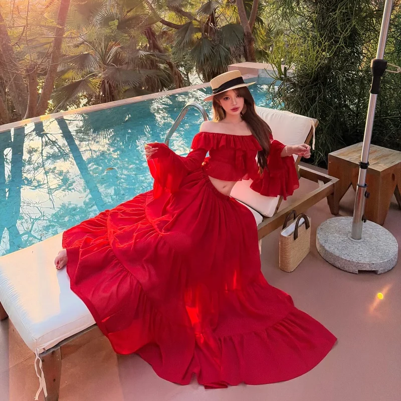 

Комплект из полупрозрачной юбки и топа с красной кружевной отделкой на одно плечо для путешествий и фотосессий, из полиэстера, весенняя коллекция для женщин 18-25 лет