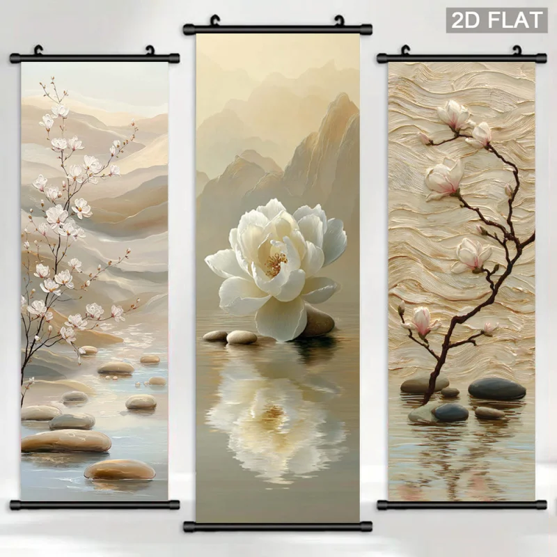 1pc Cherry Blossom & Mountain Landscape Scroll Painting Vertical Zen Wall Art Plastic Hanging HookCanvas Print for Home Decor