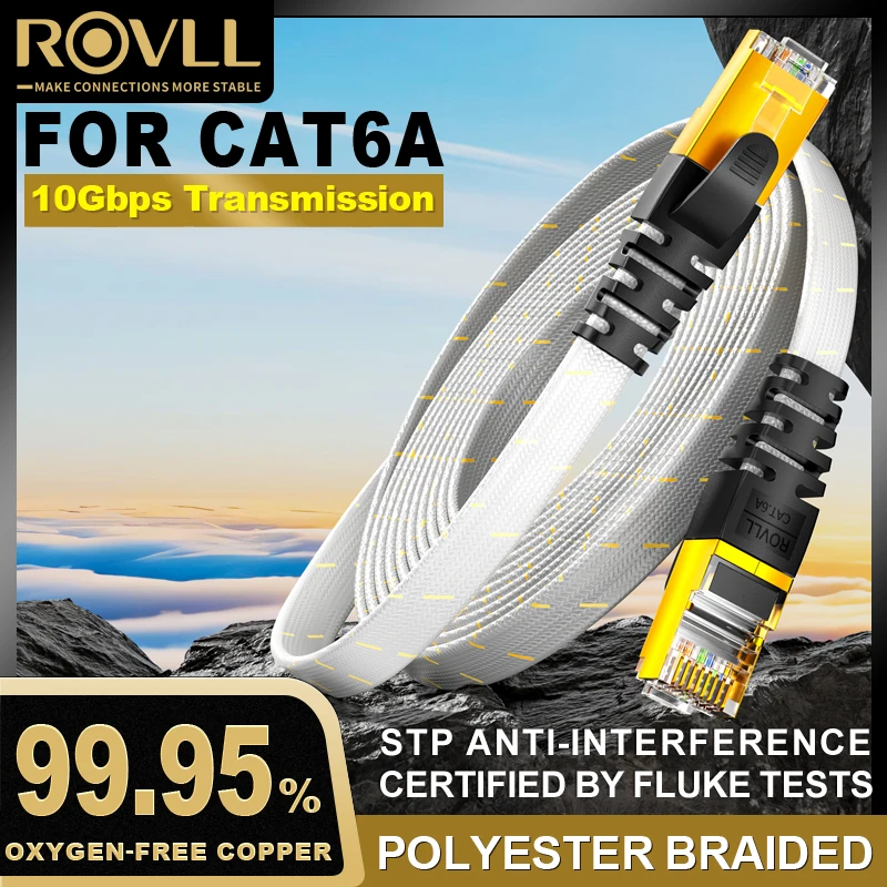 ROVLL CAT6A Ethernetkabel Platte LAN-kabel 10Gbps STP Netwerkkabel CAT6A Internetkabel Gevlochten Patchkabel