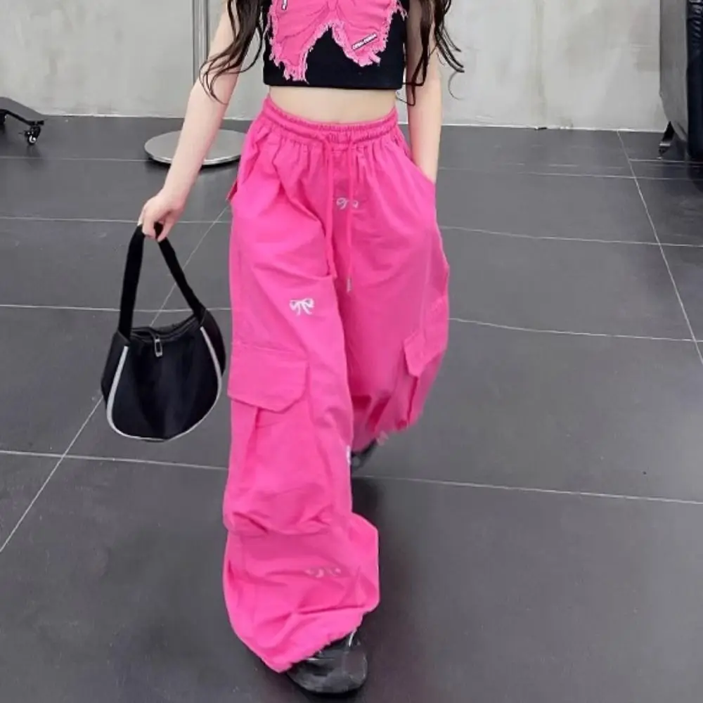 

Personality Embroidered Baggy Cargo Pants Multi Pockets Drawstring Sweet Bow Pants High Waist Trousers Y2k Pants Girl Streetwear
