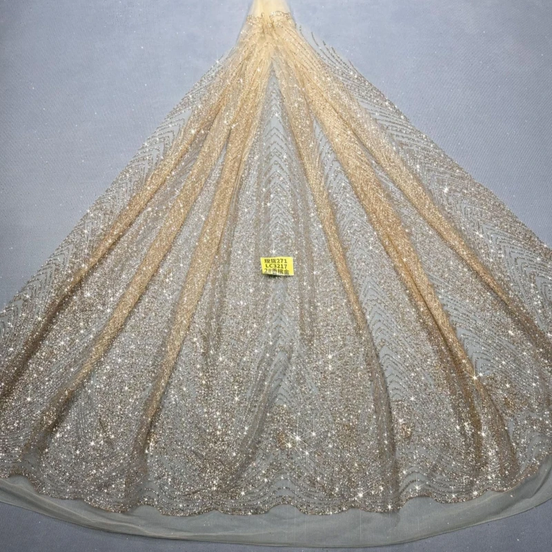

10 Yards Gold Fadhion Design Africa Glitter Fabric Embroidery Net Lace With Glued Glitter Sequins Wedding Or Party Dress