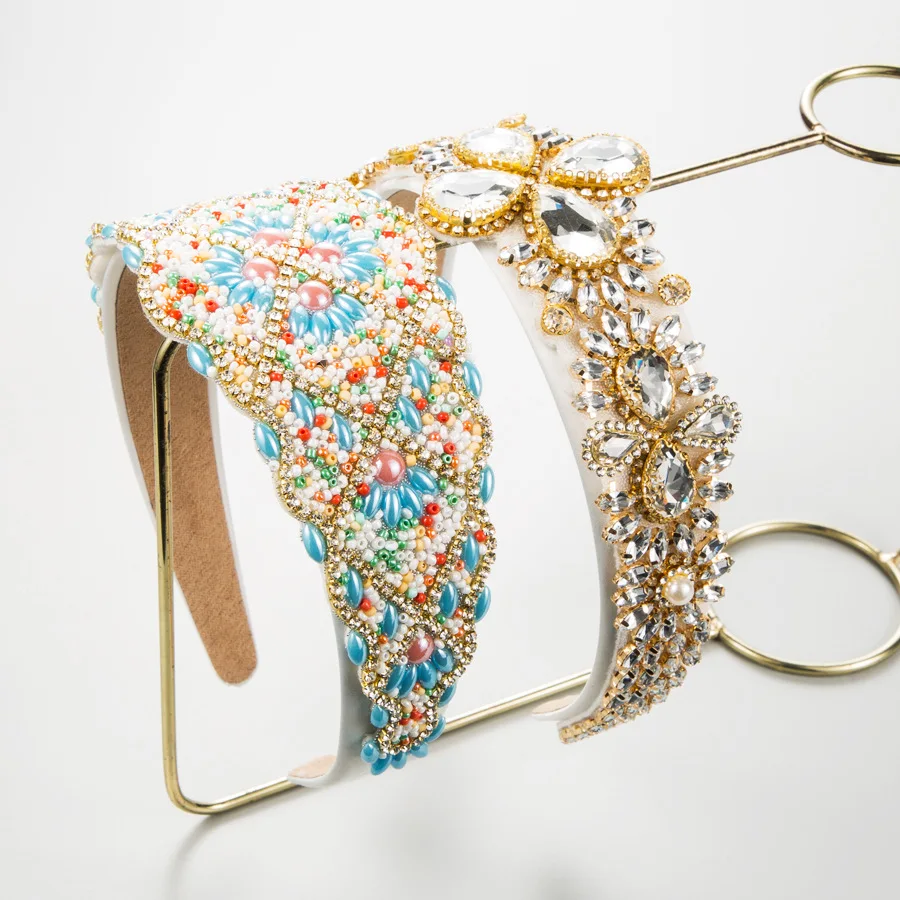 

Повязка на голову в стиле барокко, массивная, с бриллиантами, широкая, с цветочным узором, в стиле ретро, для женщин, модный аксессуар для волос