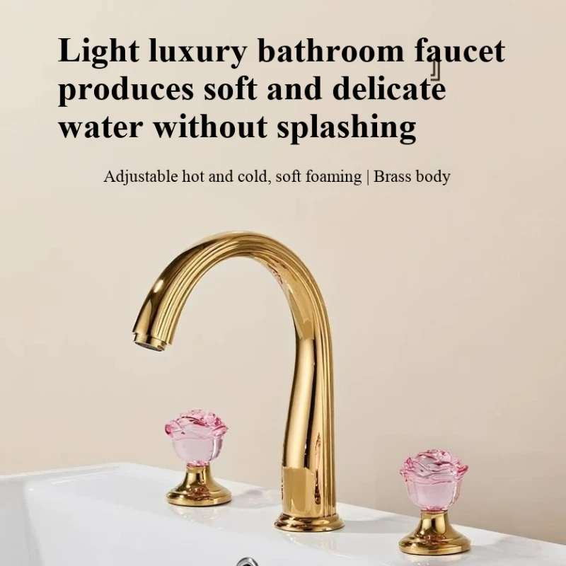 Luxury Basin Faucet with Light All Copper Split Type Three Hole Household Hot and Cold Faucet Exquisite Handle for Bathroom