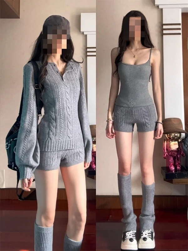 

Autumn Winter Knitted Sweater Short Pants Leg Covers Three Piece Set Casual Sexy Girl Retro Twist Pattern High Waist Design