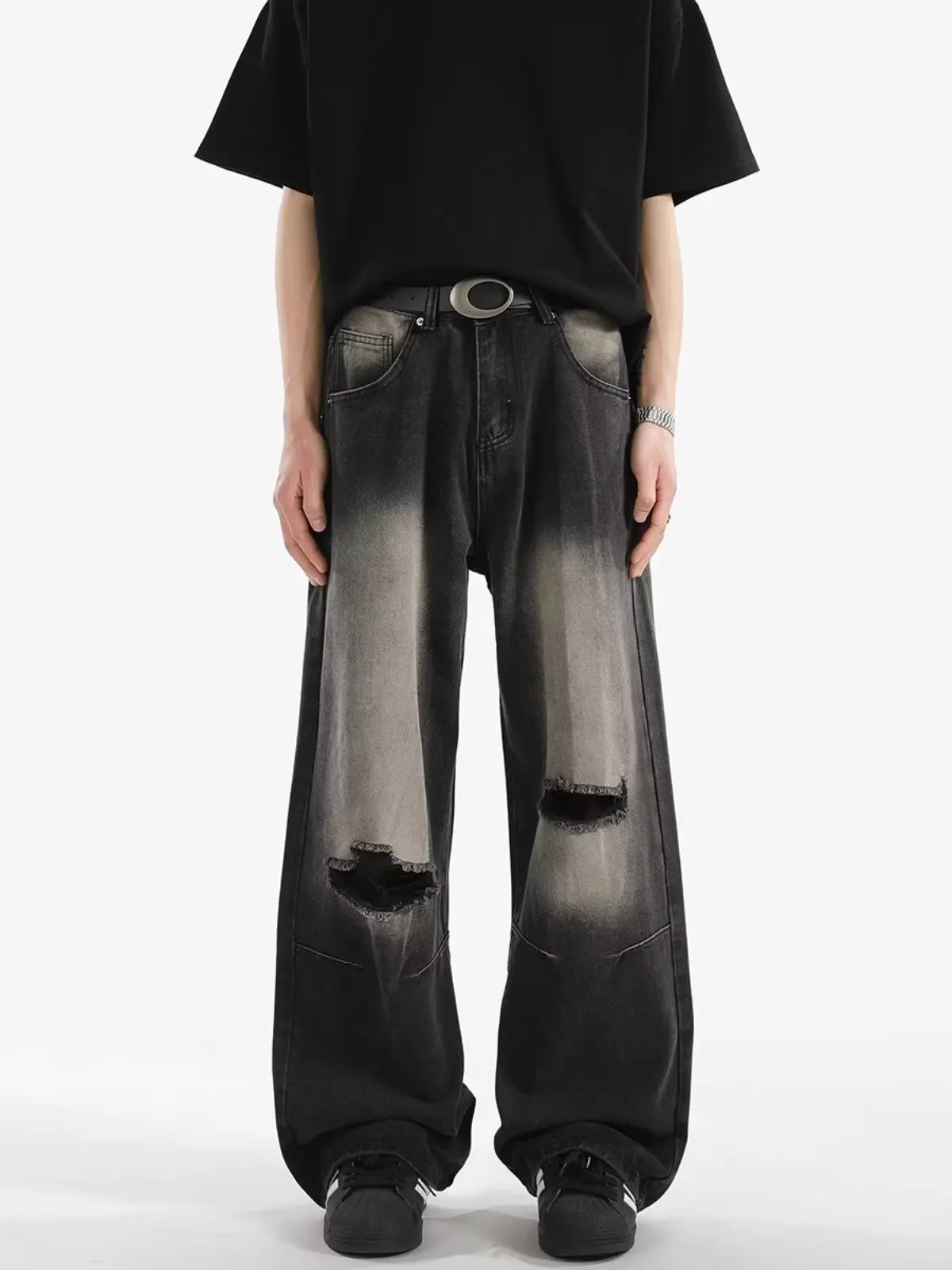 شارع العليا ممزق الجينز الرجال الصيف الصناعة الثقيلة غسلها السراويل المستقيمة شارع العليا أنيق فضفاض واسعة الساقين y2k رجل السراويل