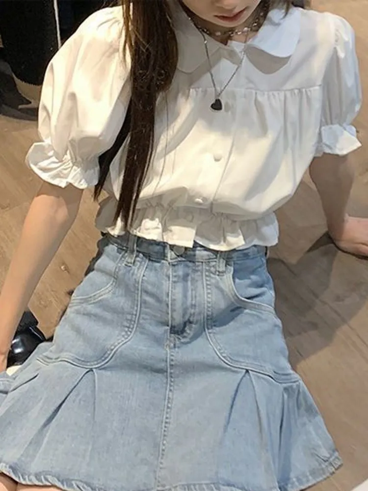 

Корейская женская летняя блузка с коротким рукавом, воротником-стойкой и рукавами-фонариками, однотонная, для повседневной носки