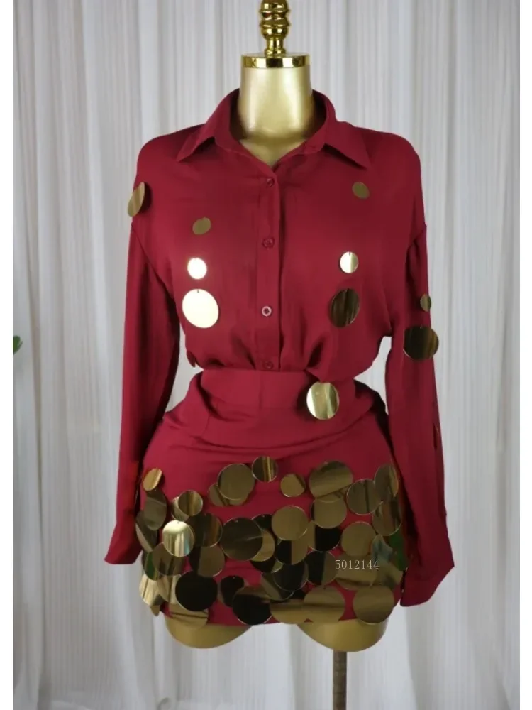 2026 Fashion Sexy Sequined Splicing Women's Set Lapel Collar Shirt and Midi A-line Skirt Suit Vacation Two 2 Piece Set Outfits