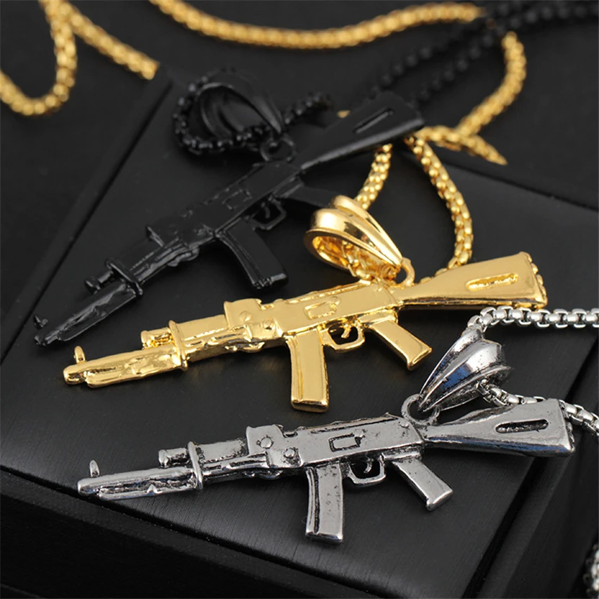 Trend Hip Hop Ice out Gold Silver Color Ak 47 Gun Pendant Necklace for Men Street Rap Rock Statement Jewelry Gift