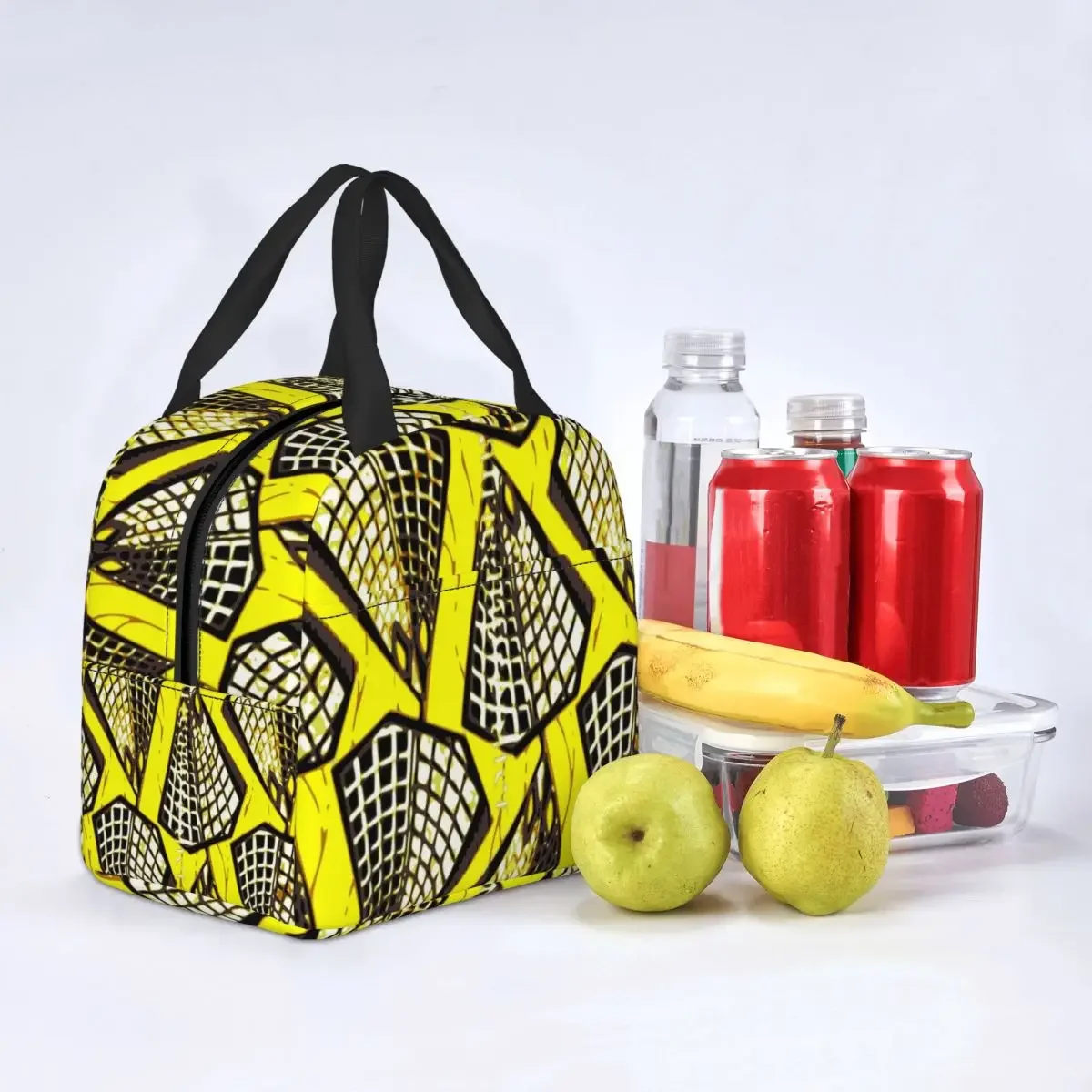 Custom African Ankara Wax Print Yellow Throw Pillow Lunch Bag Women Cooler Thermal Insulated Lunch Box for Kids School Children