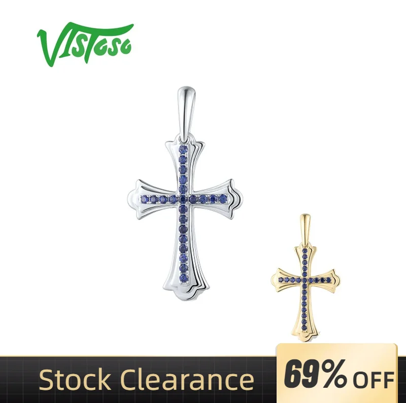 

VISTOSO Authentic 9K 375 Pendants White Yellow Gold Sparkling Created Sapphire Unique Cross For Women Wedding Gift Fine Jewelry