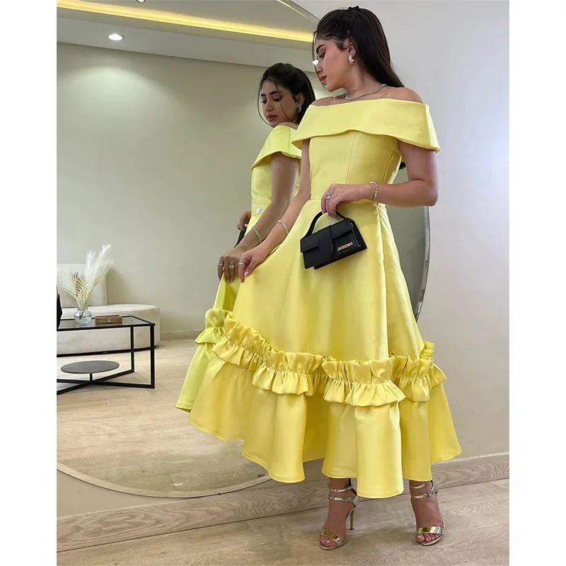 Elegant Off The Shoulder Evening Gown A-line Pleat Tea-Length Formal Evening Dresses Customize Birthday Party Dress 2024