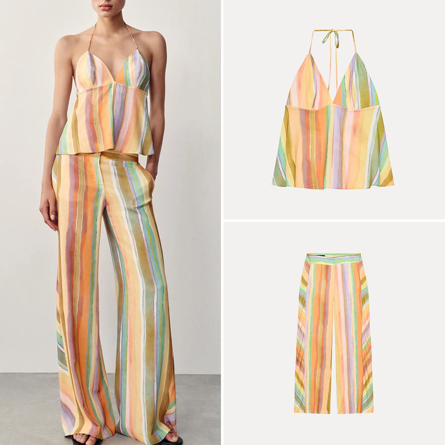 V-Neck Backless Striped Wide Leg Pants Mid-Waist Two-Piece Set for Women Summer Fashion Outfit Color Block Design Casual Wear