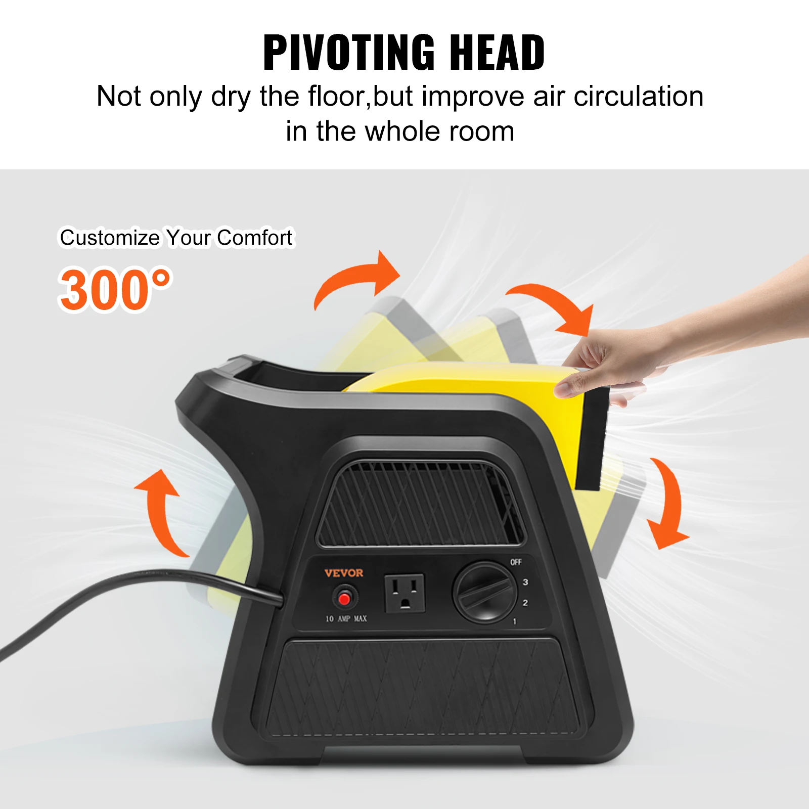 VEVOR Pivoting Utility Fan 600 CFM High Velocity Floor Blower 300° Blowing Angle Air Mover for Home Drying Cooling Ventilating