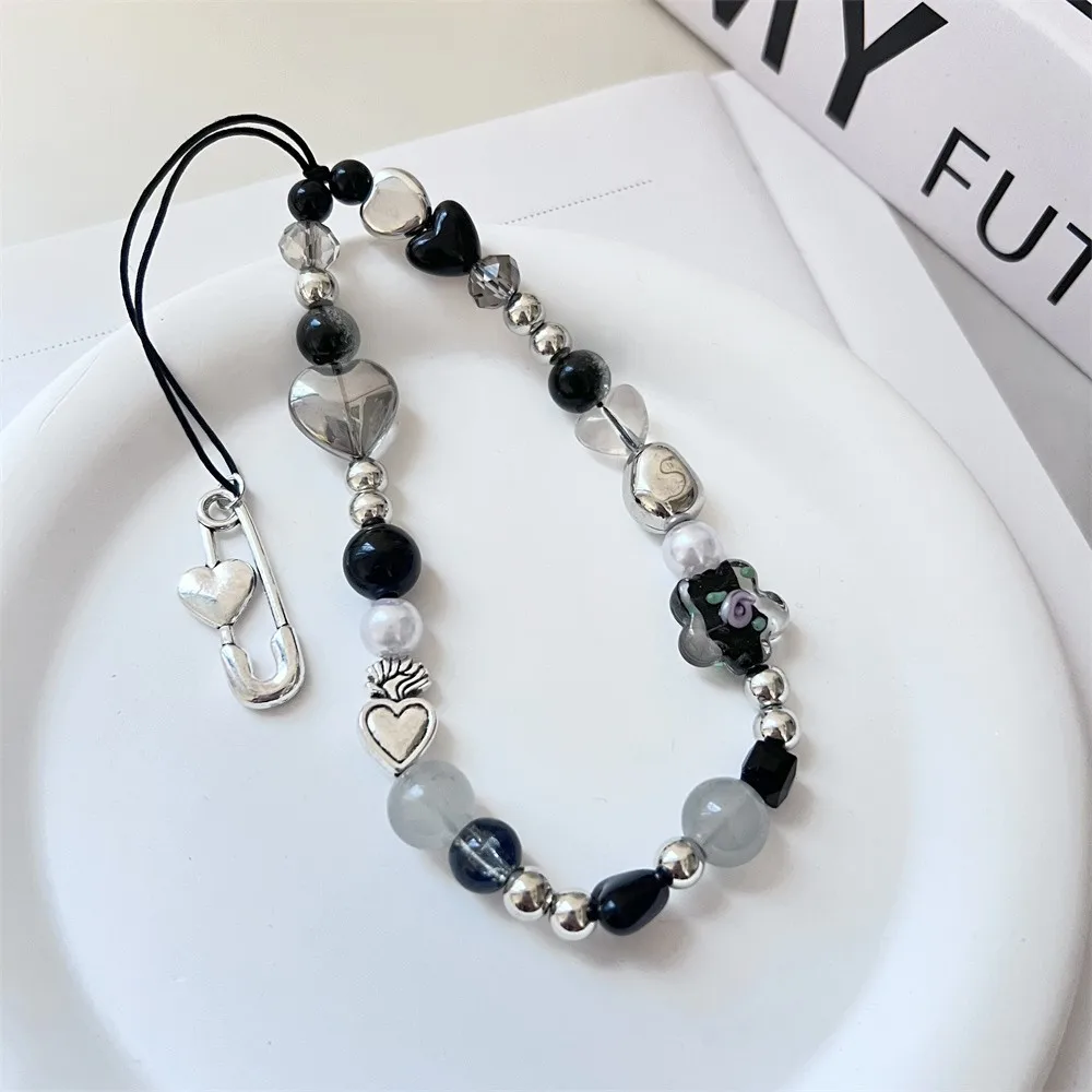 INS Y2K Heart Phone Charm Strap Flower Bead Pendant Korean Bracelet For iPhone Samsung Accessories Hanging Rope For Girl Jewelry