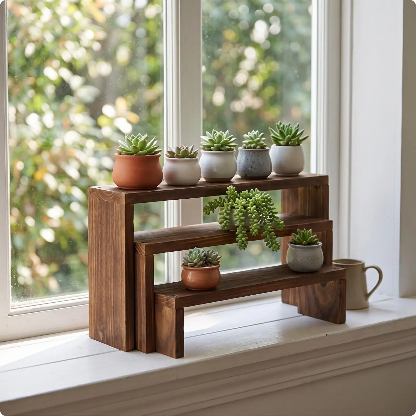 Solid Wood Compact Stepped Shelf 3 Tier Organizer for Indoor Plants Potted Display Rack Stand for Small Items Office Kitchen