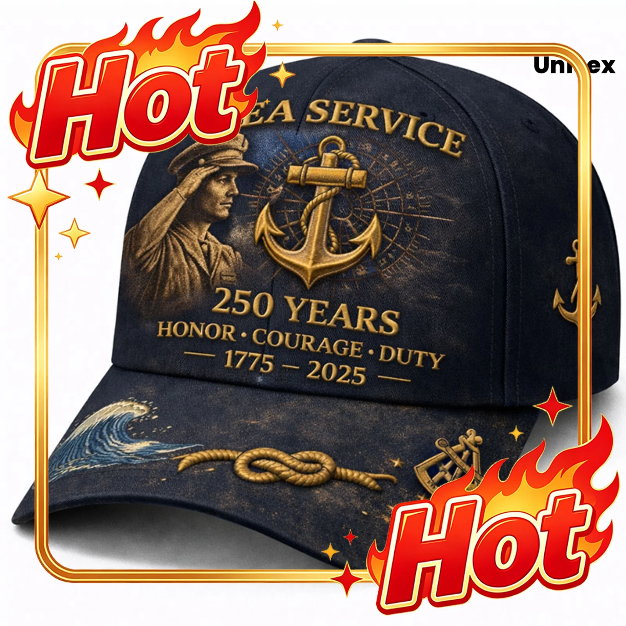 Custom Unisex U S Navy Patriotic Cap 250th Anniversary RIDE THE STORM Slogan Embroidered Eagle Anchor Golden Skull Design