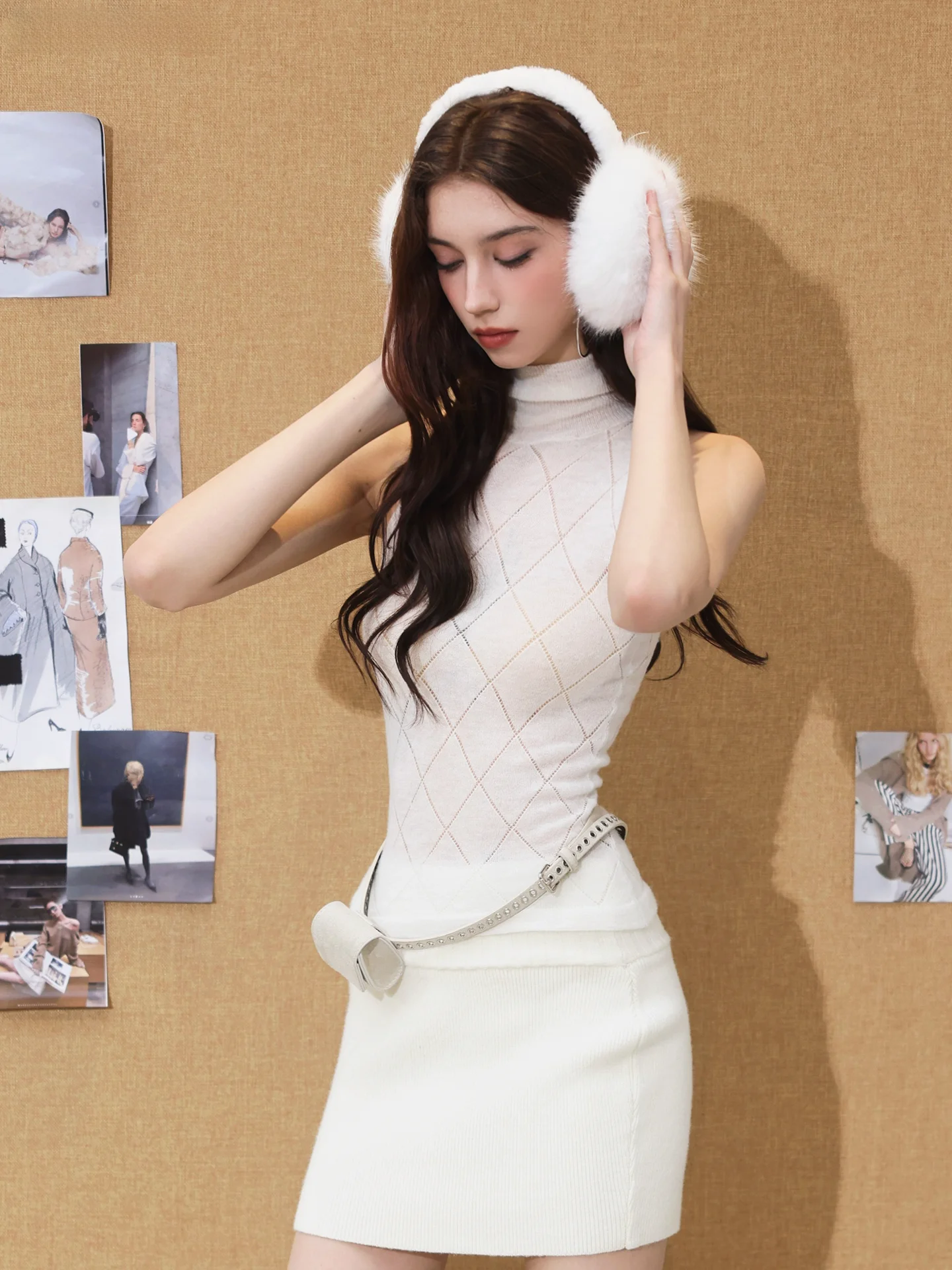 White Diamond Pattern Knitted Vest Hollow out Sleeveless Women's Slim Fit Spring Autumn Style BulletNini Nylon Fabric Short L...