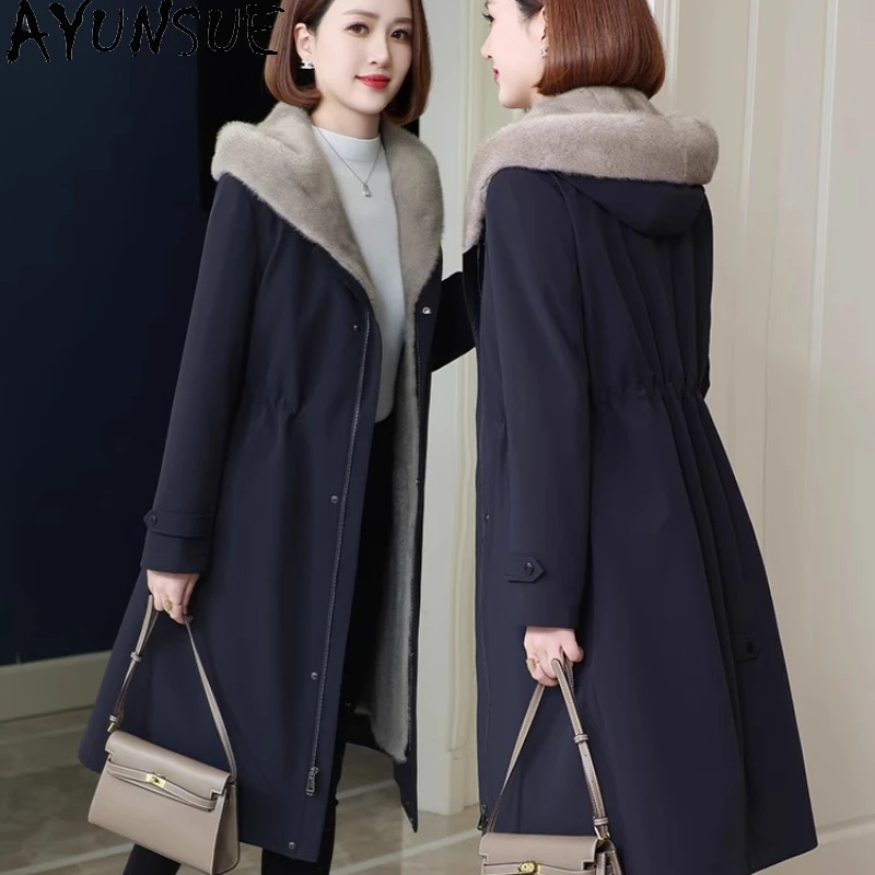 AYUNSUE 天然ミンクの毛皮のコート女性の冬服ミッドレングスパーカーライナー取り外し可能なリアルファーコートレディースコートПальто Женское