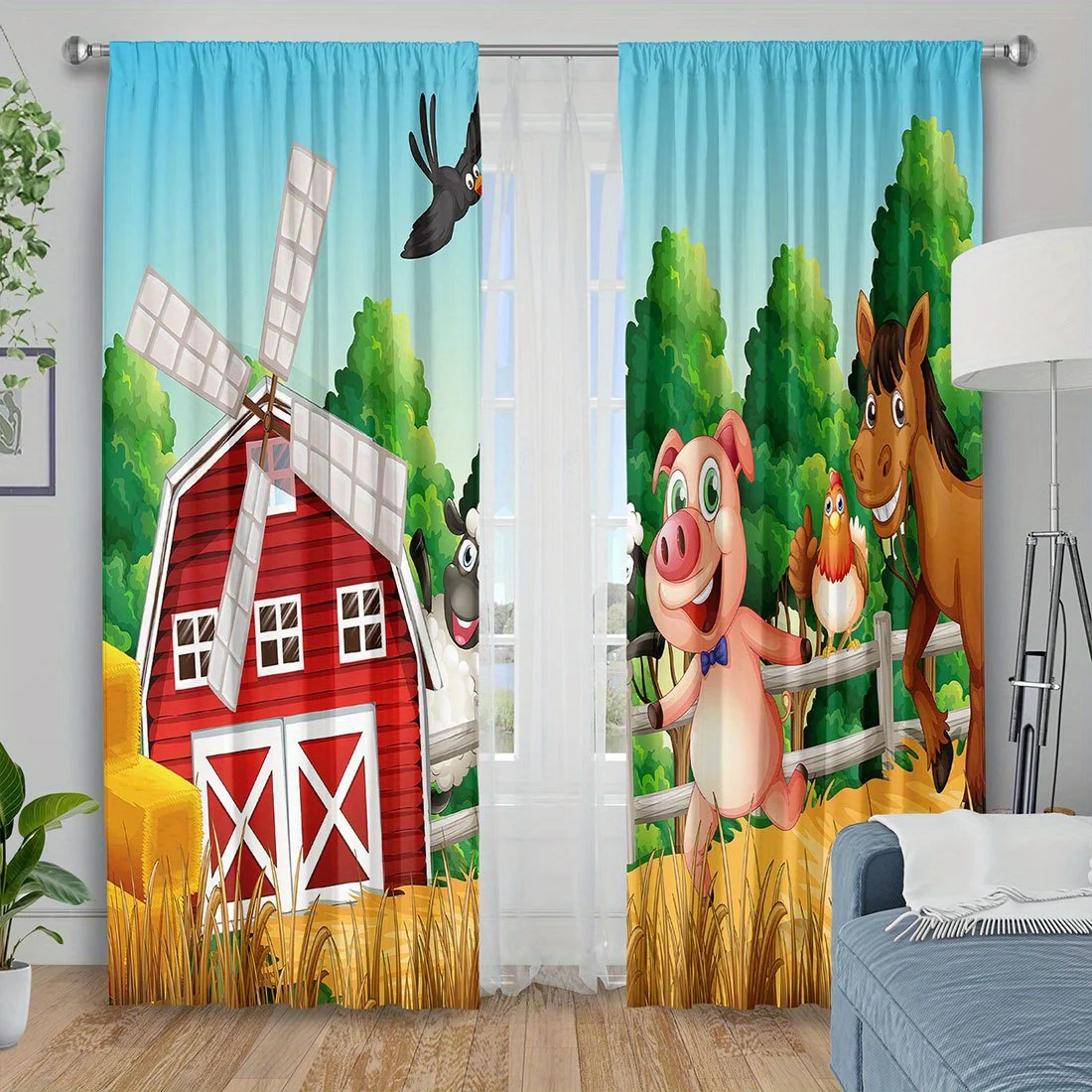 Cute Farm Animal Curtain, Red Barn Windmill Pig Horse Print Drape, Cartoon Countryside Window Treatment for Kids Bedroom Nursery