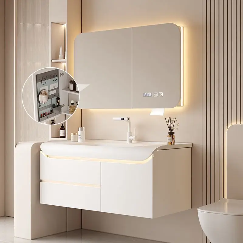 

Bathroom Cabinet Combination Solid Wood Skin Feeling Integrated Basin Cabinet Washbasin Vintage Light Cabinets Bathroom Vanity