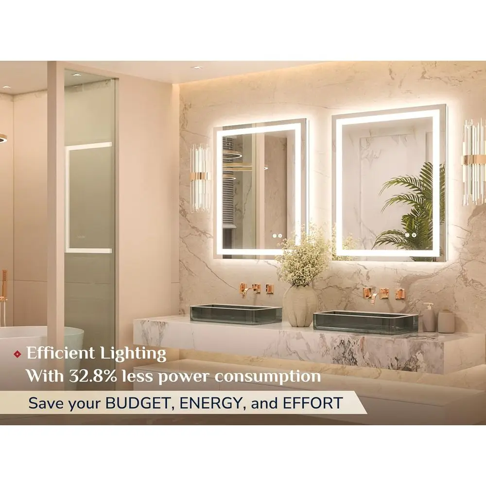 مرآة حمام مضاءة بإضاءة LED بثلاثة ألوان، مقاس 24 × 32 بوصة، مرآة زينة من الزجاج المقوى المضاد للضباب مع إضاءة أمامية وخلفية #2