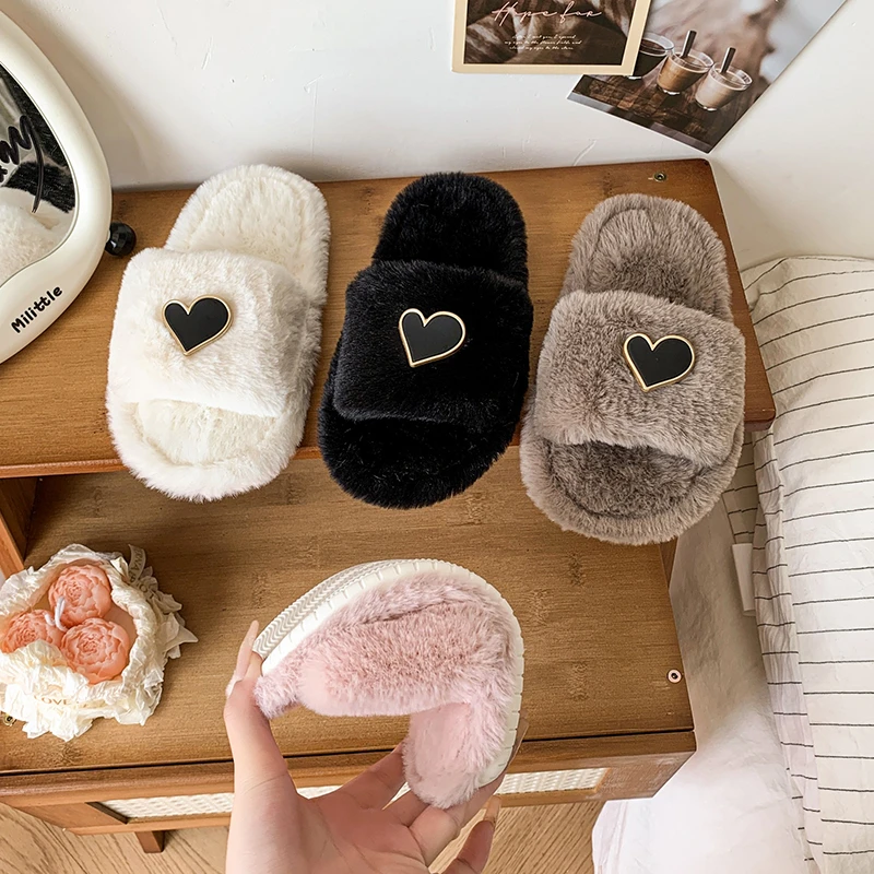Heart Shaped Kids Home Cotton Slippers Girl Autumn Winter Open Toe Plush Slippers for Girl Non Slip Faux Fur Cotton Slides