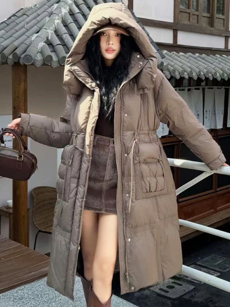 Winter Dikker Lange Parka's Met Capuchon 2025 Nieuwe Koreaanse Vrouwen Sneeuwkleding Donsjack Casual Solid Overjas 90% Witte Eend Puffer Jas