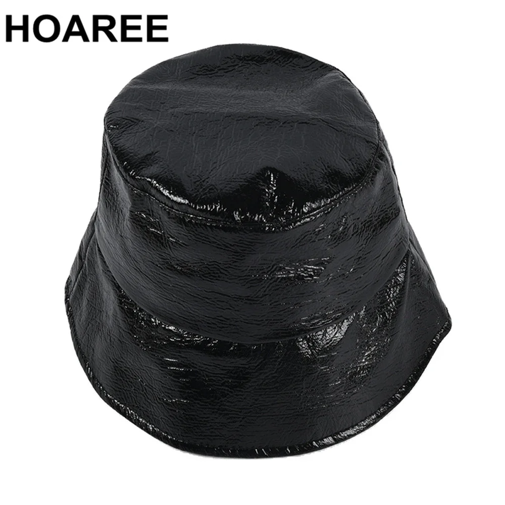 

HOAREE Patent Leather Bucket Hat Women Black Pu Female Bright Color Hat Autumn Winter Ladies Fashion Solid Casual Fisherman Hat