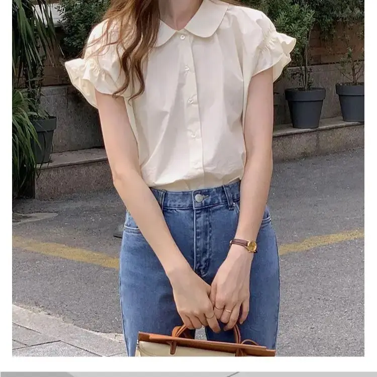 Blusa de manga de capullo de flor para mujer, camisa elegante, cuello Peter Pan coreano, botonadura única, manga voladora, Tops ajustados sólidos