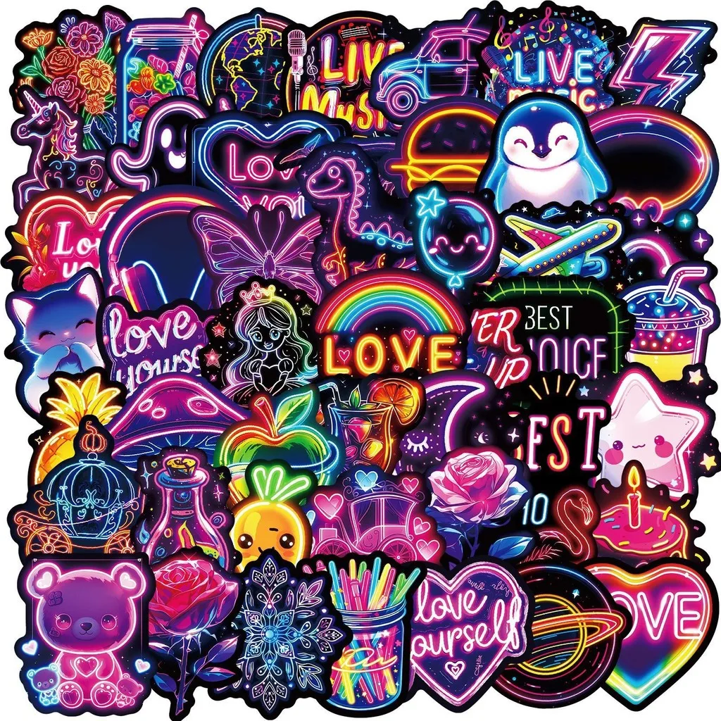 50Pcs Cool Neon Light Stickers, Animal Doll Love Heart Rose Assorted Non‑repeat Decals for DIY Golden Memory Stickers Store